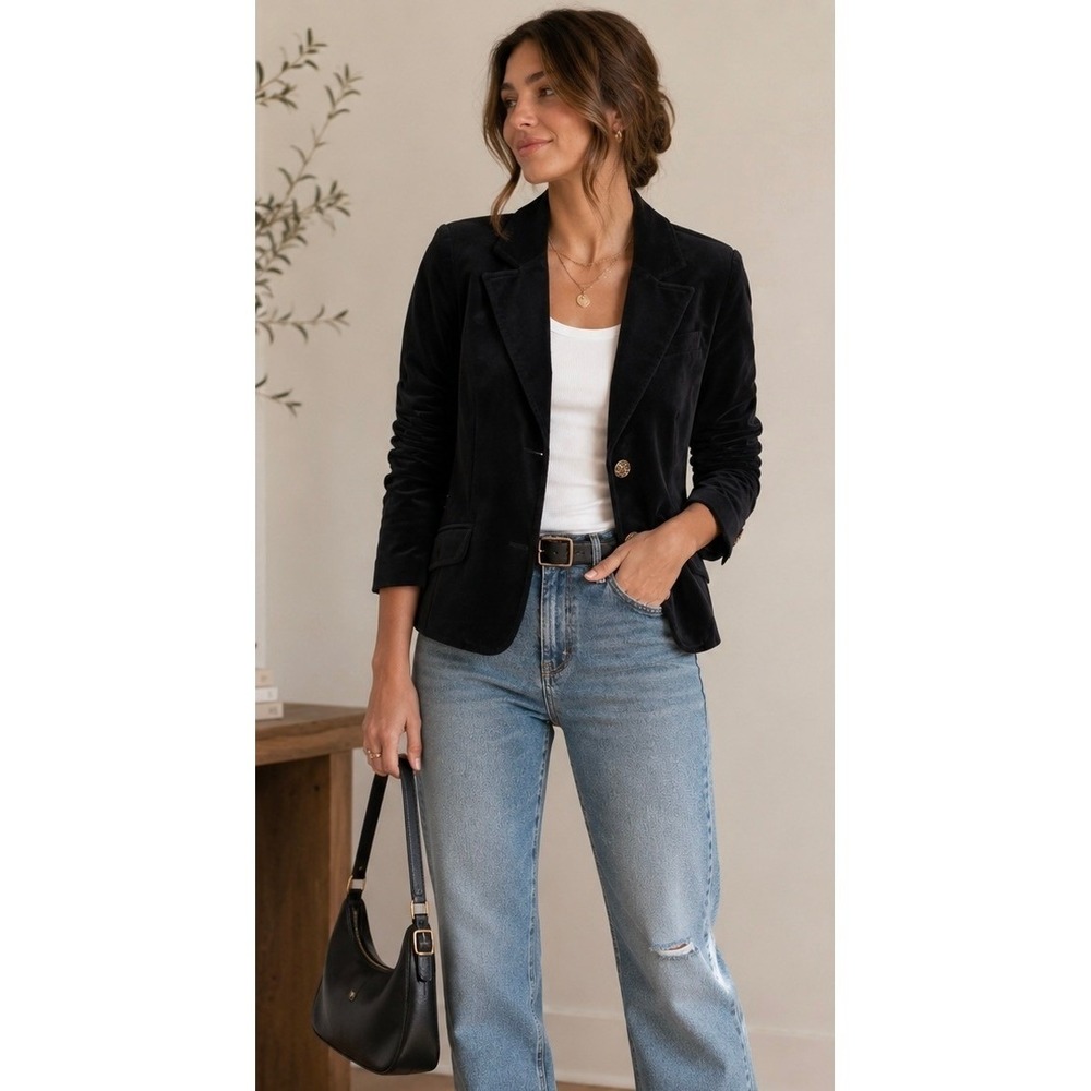 Vintage Old Navy Blazer Jacket Womens Large Charcoal Gray Velvet Gold Button Y2k